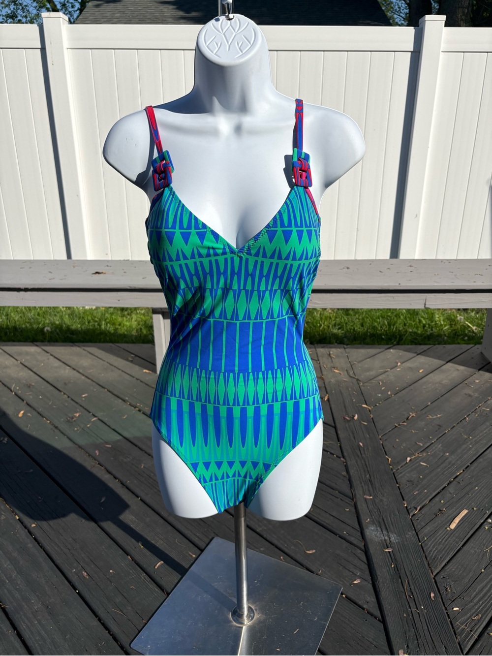 Gottex Blue and Green Geometric One-Piece Swimsuit with Pink Accent Straps